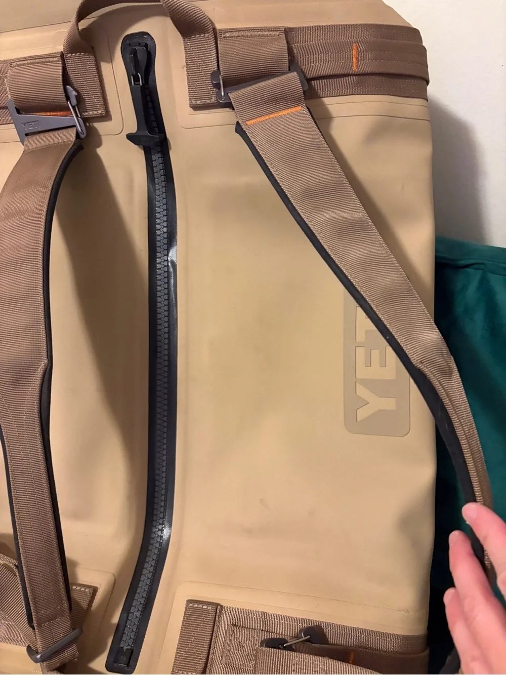 Yeti 50L Waterproof Duffel in Tan with Brown Straps